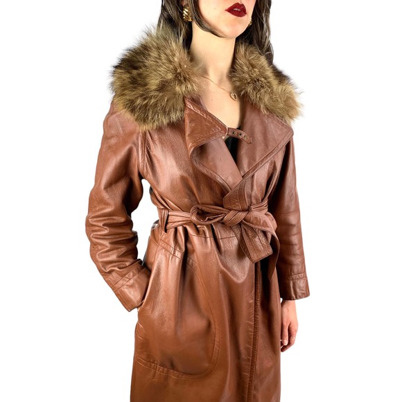 Vintage Brown Leather Coat with Fur Collar - Picture 1 of 14